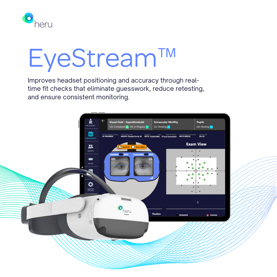 Heru's EyeStream technology improves headset positioning and accuracy through realtime fit checks to eliminate guesswork and re-testing.